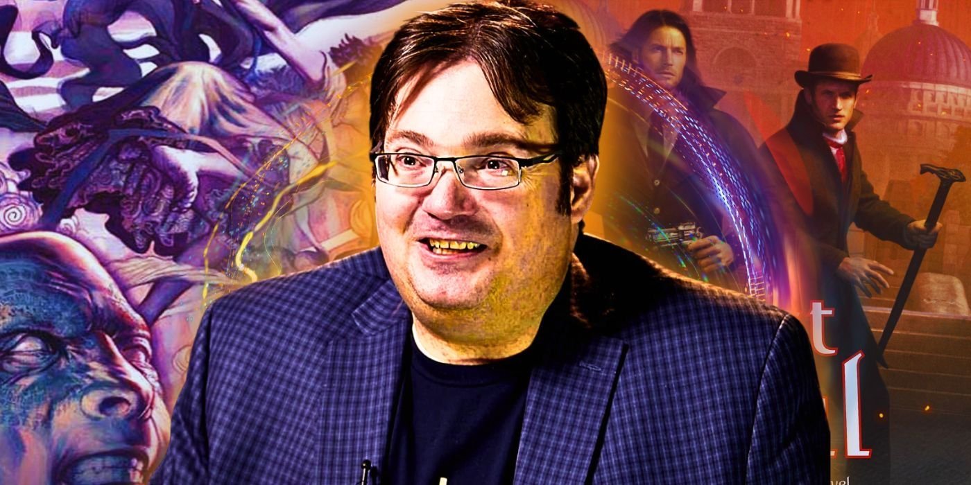Brandon Sanderson with Mistborn covers
