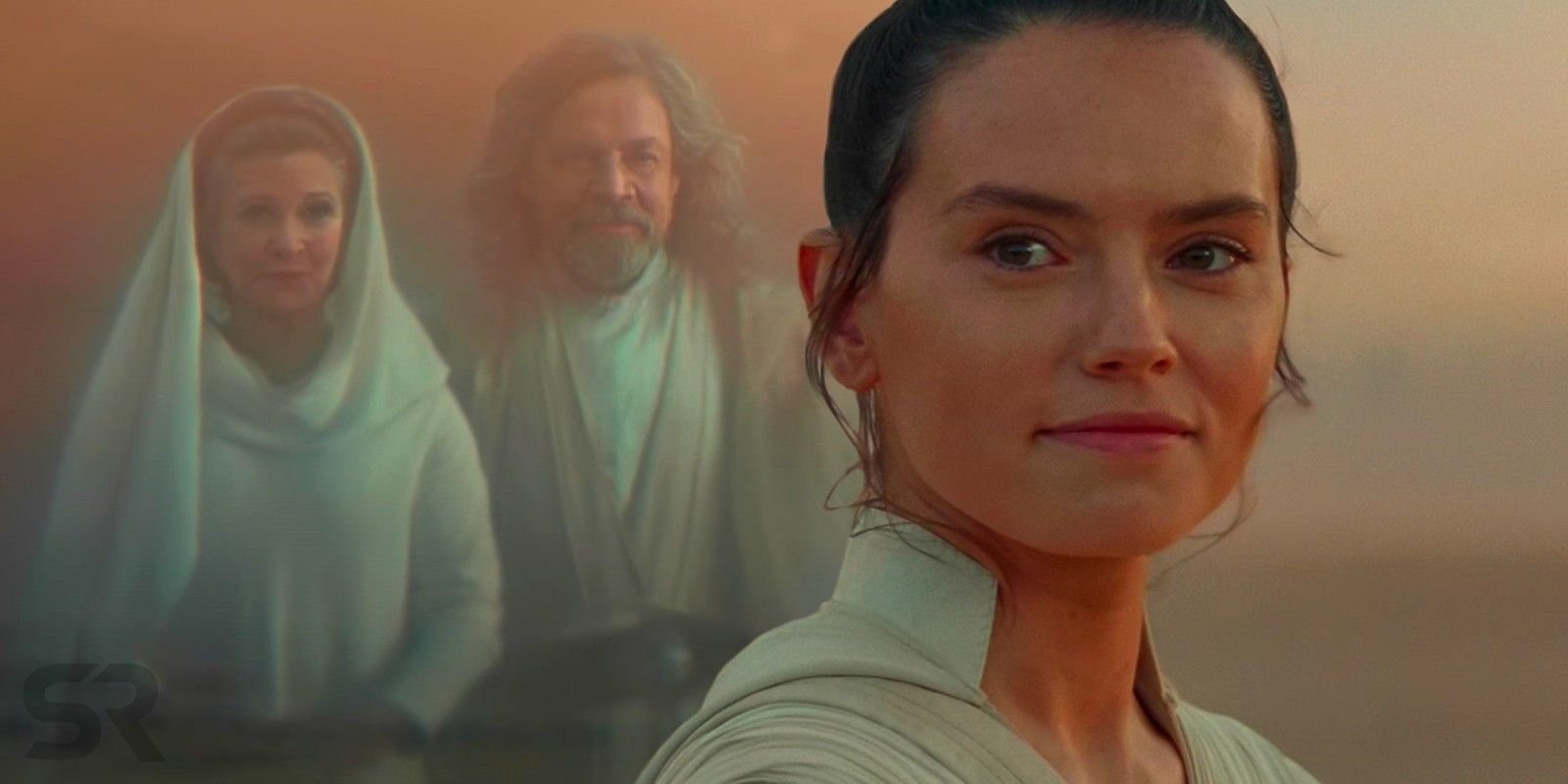 Rey Skywalker smiling to the right in front of Force ghosts Luke and Leia to the left
