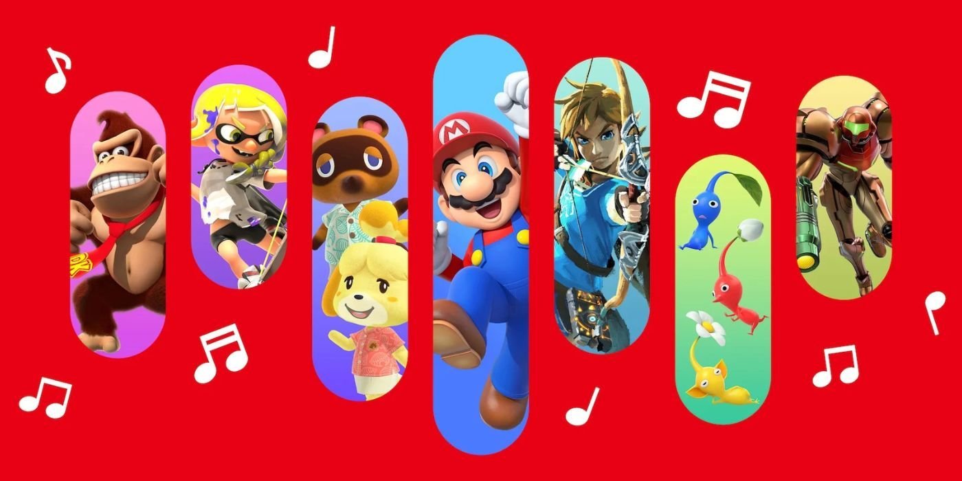 The Nintendo Music logo featuring Donkey Kong, a Squid Kid, Tom Nook, Isabelle, Mario, Link, Pikmin, and Samus.