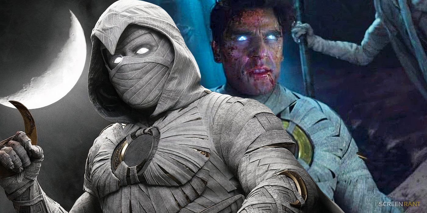 Oscar Isaac's Moon Knight masked and unmasked with his eyes glowing