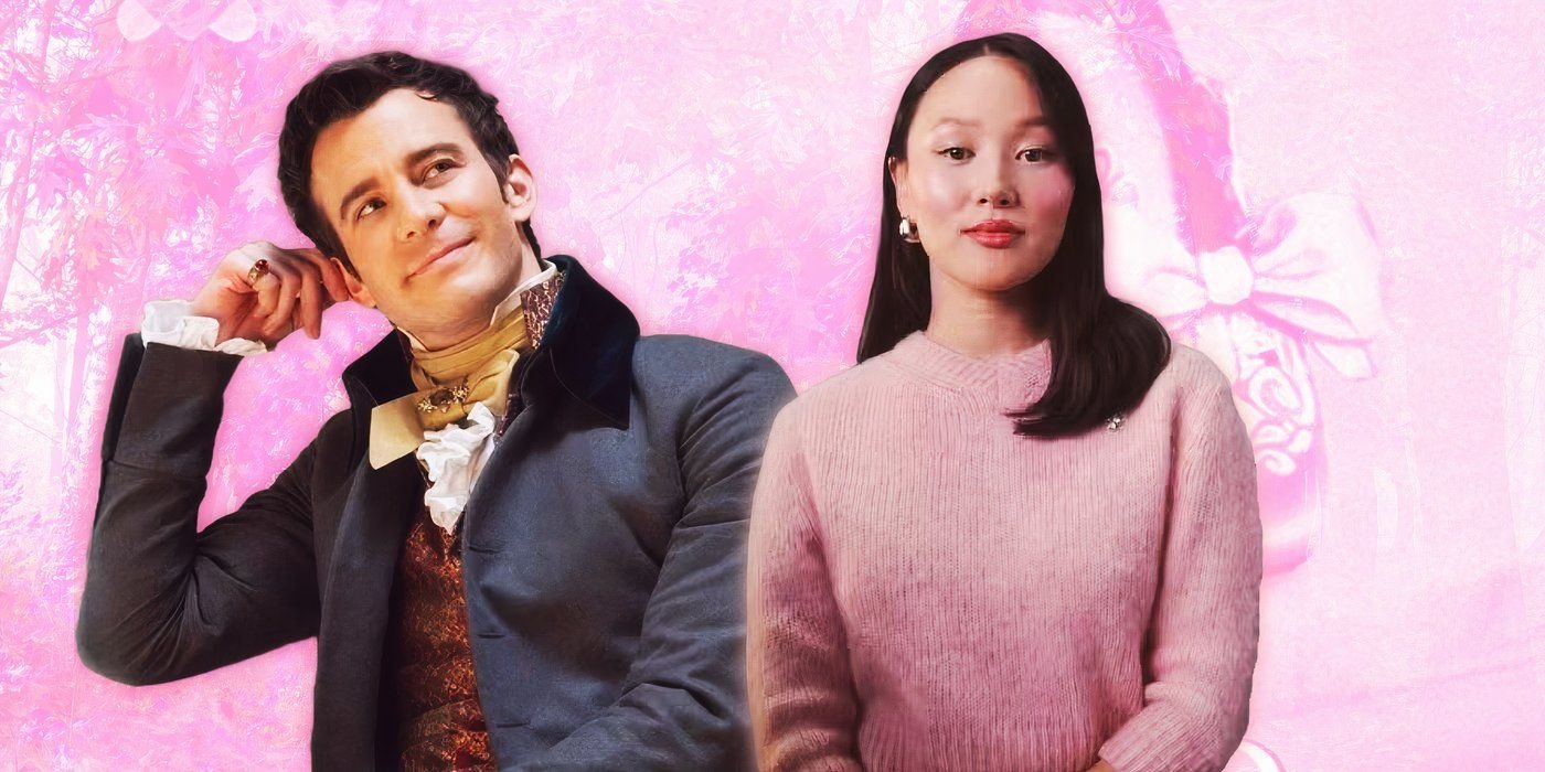Jonathan Bailey's Bridgerton Season 4 Update Seemingly Confirms One Major Show Change From Benedict's Book 2 Cutouts of Benedict Bridgerton (Luke Thompson) & Sophie Baek (Yerin Ha) in Bridgerton against a pink textured background.