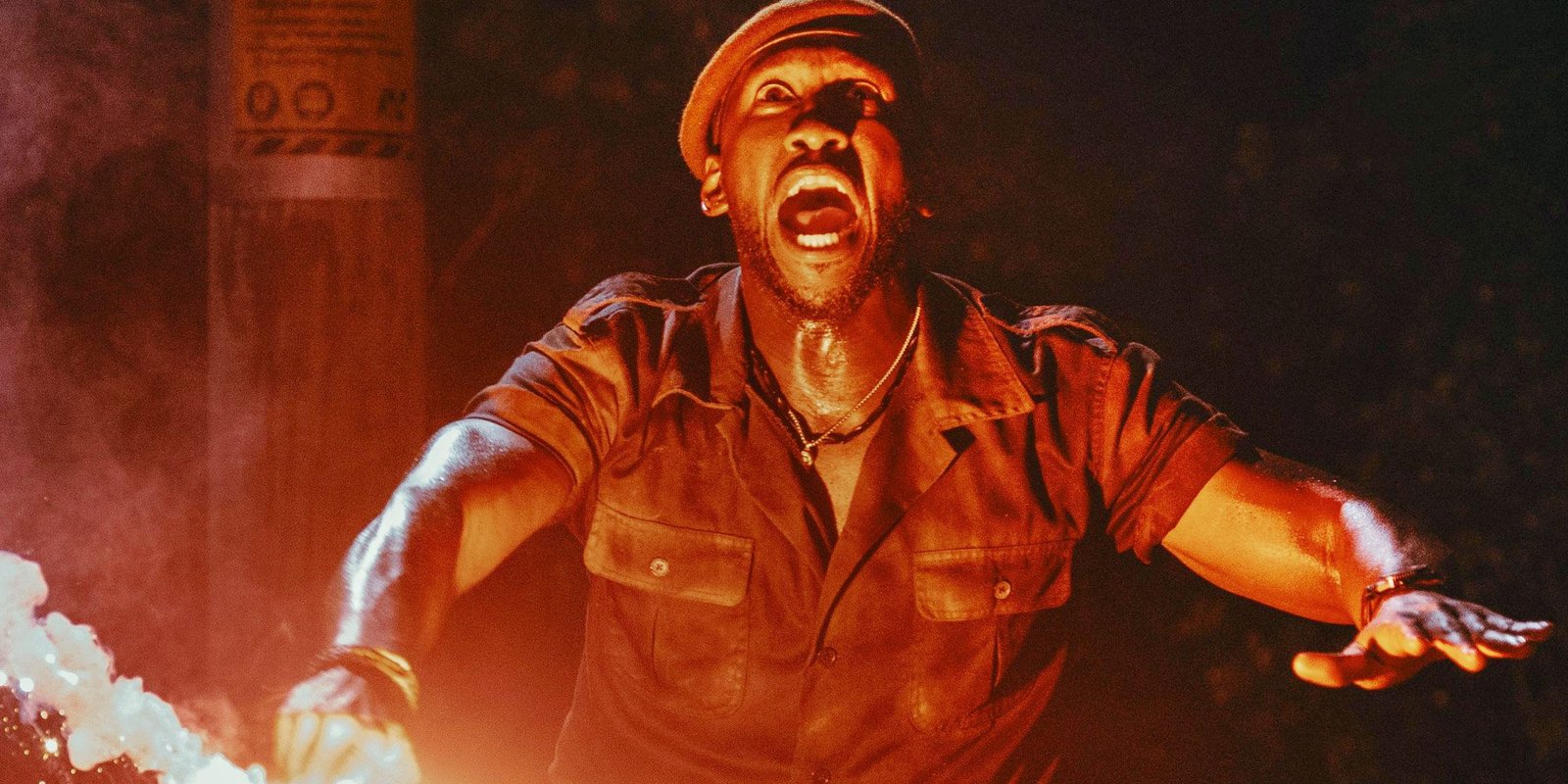Duncan (Mahershala Ali) screaming and yelling atMahershala Ali as Duncan screaming and yelling at the D-Rex in Jurassic World Rebirth the D-Rex in Jurassic World Rebirth