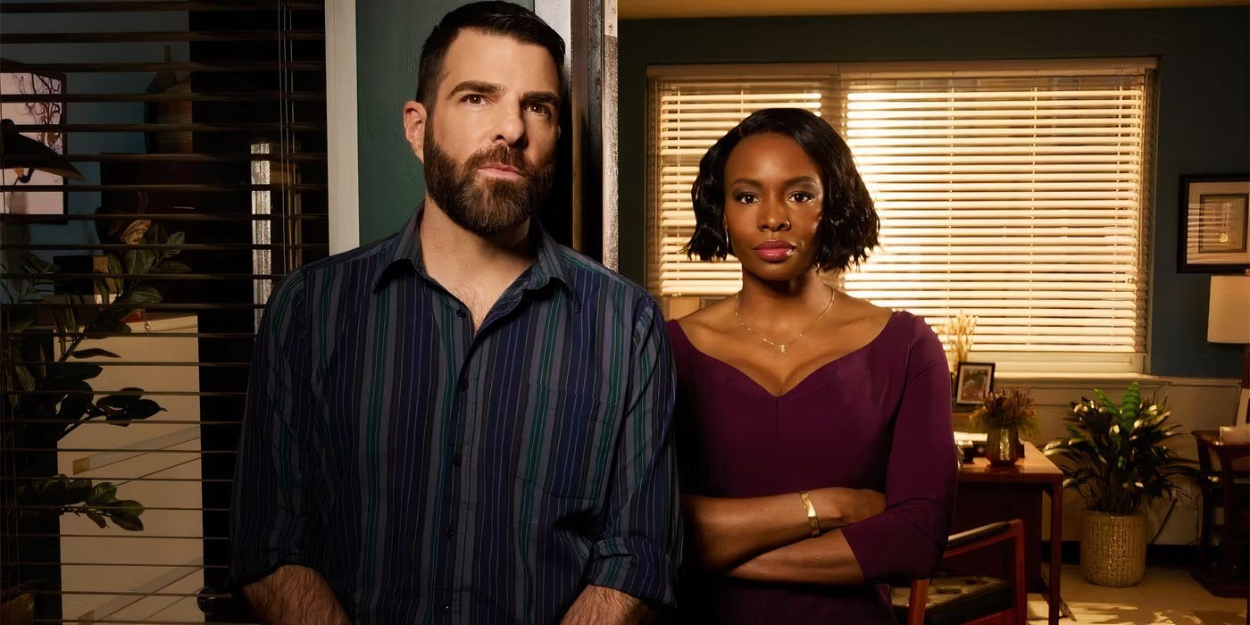 Zachary Quinto and Tamberla Perry stand in an office in a promotional photo for Brilliant Minds