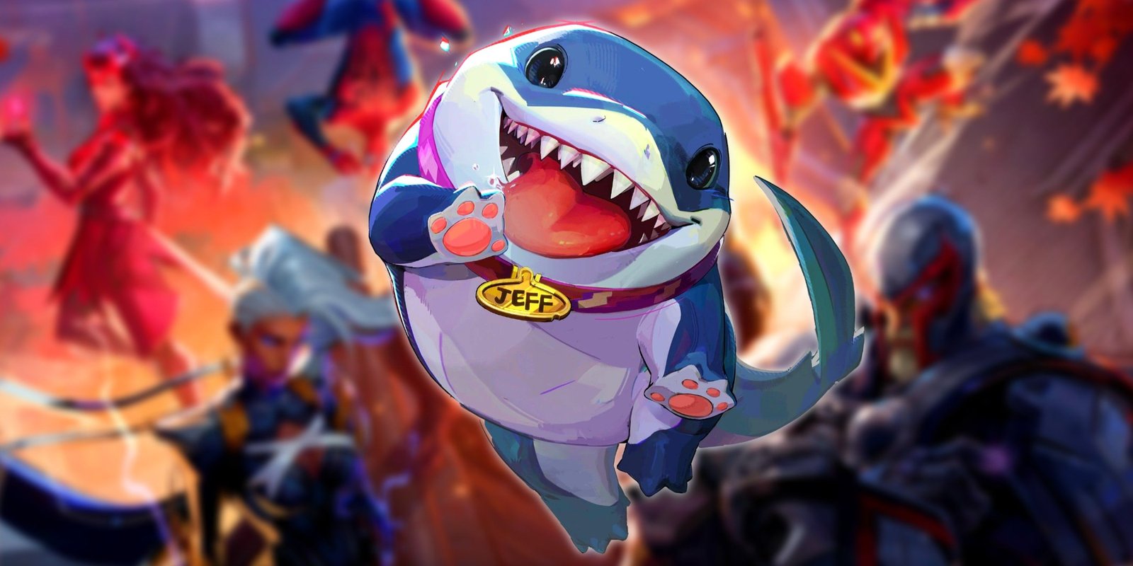 Jeff the land shark with other heroes from marvel rivals blurred behind him