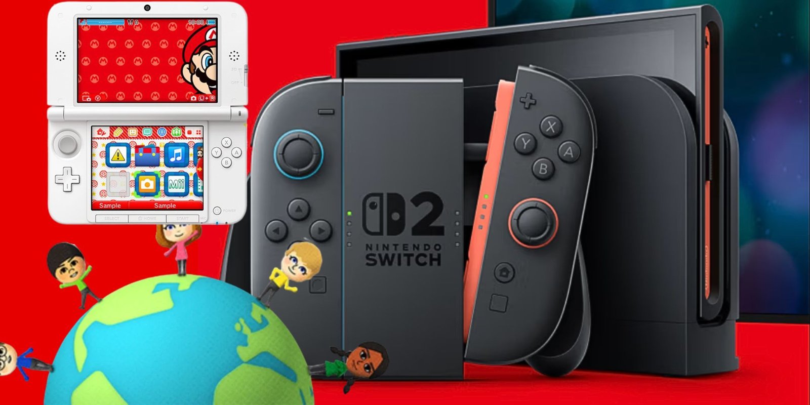 A Nintendo Switch 2 with a 3ds and an image of the Wiiverse logo next to it