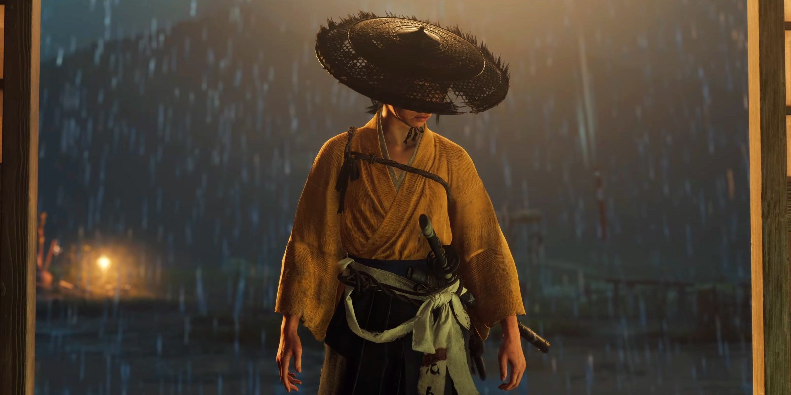 Atsu standing in a doorway in while it rains behind her in Ghost of Yotei.