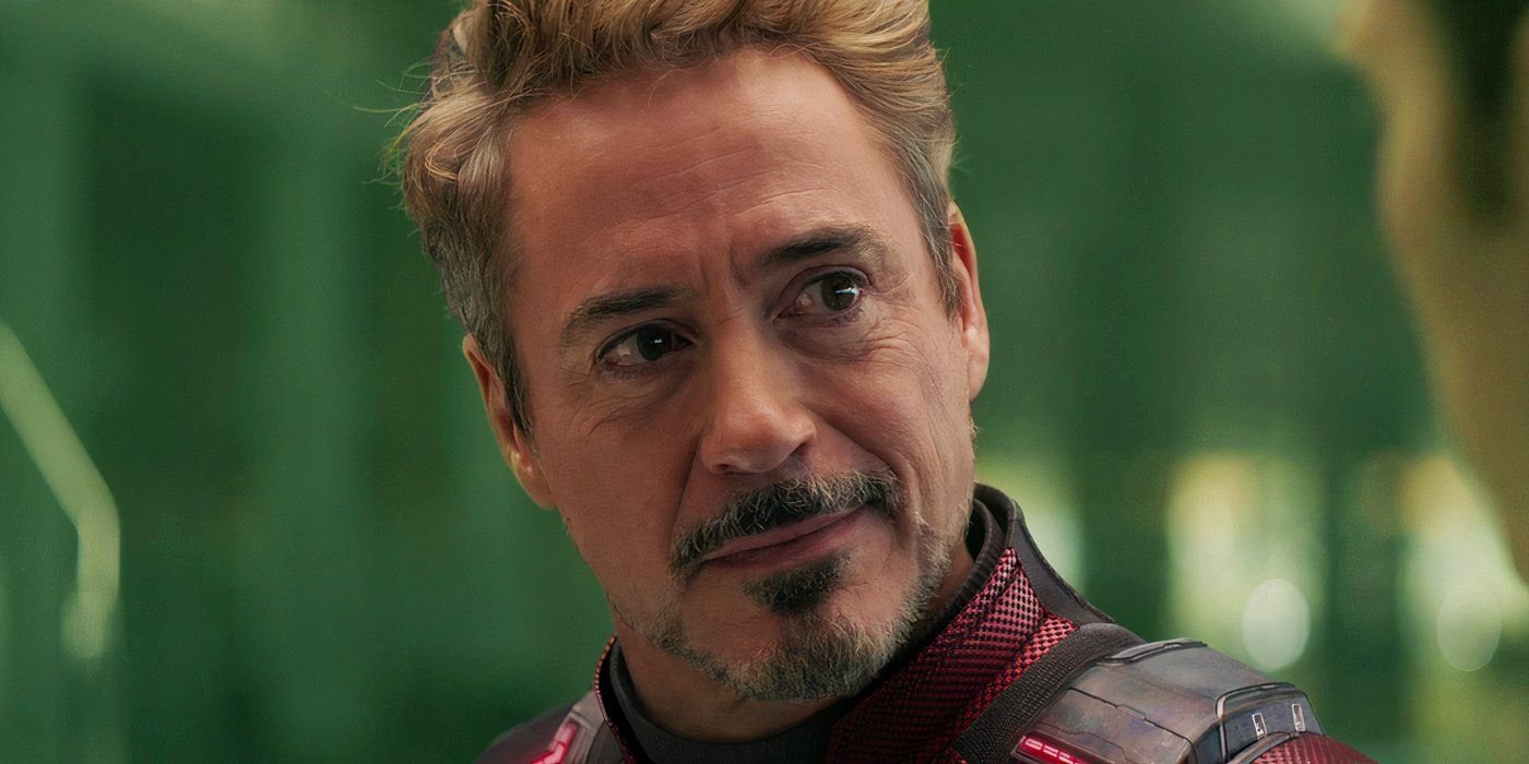 Image of Robert Downey Jr's Tony Stark in his Avengers time travel suit in Avengers Endgame (2019) with a green background