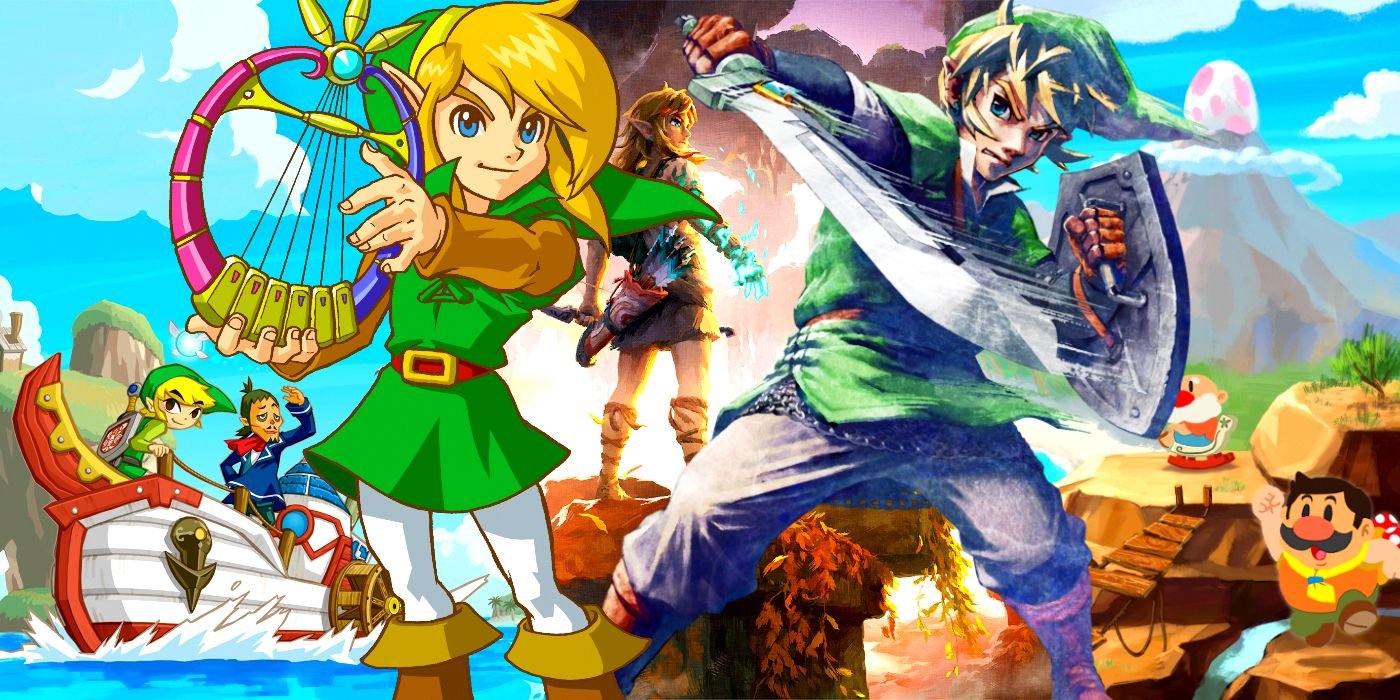 A collage of artwork from The Legend of Zelda. Two versions of Link, from Oracle of Ages and Skyward Sword are featured prominently. The background is comprised of images from Phantom Hourglass, Tears of the Kingdom, and Link's Awakening.