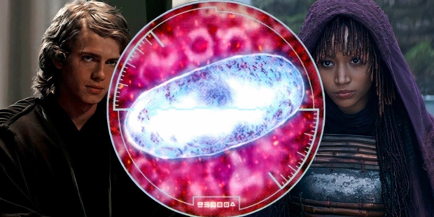 Left: Anakin Skywalker standing in the Jedi Council chamber in Star Wars: Episode III - Revenge of the Sith; Center: An illustration of a midi-chlorian; Right: Mae Aniseya with her purple robe in The Acolyte episode 1.