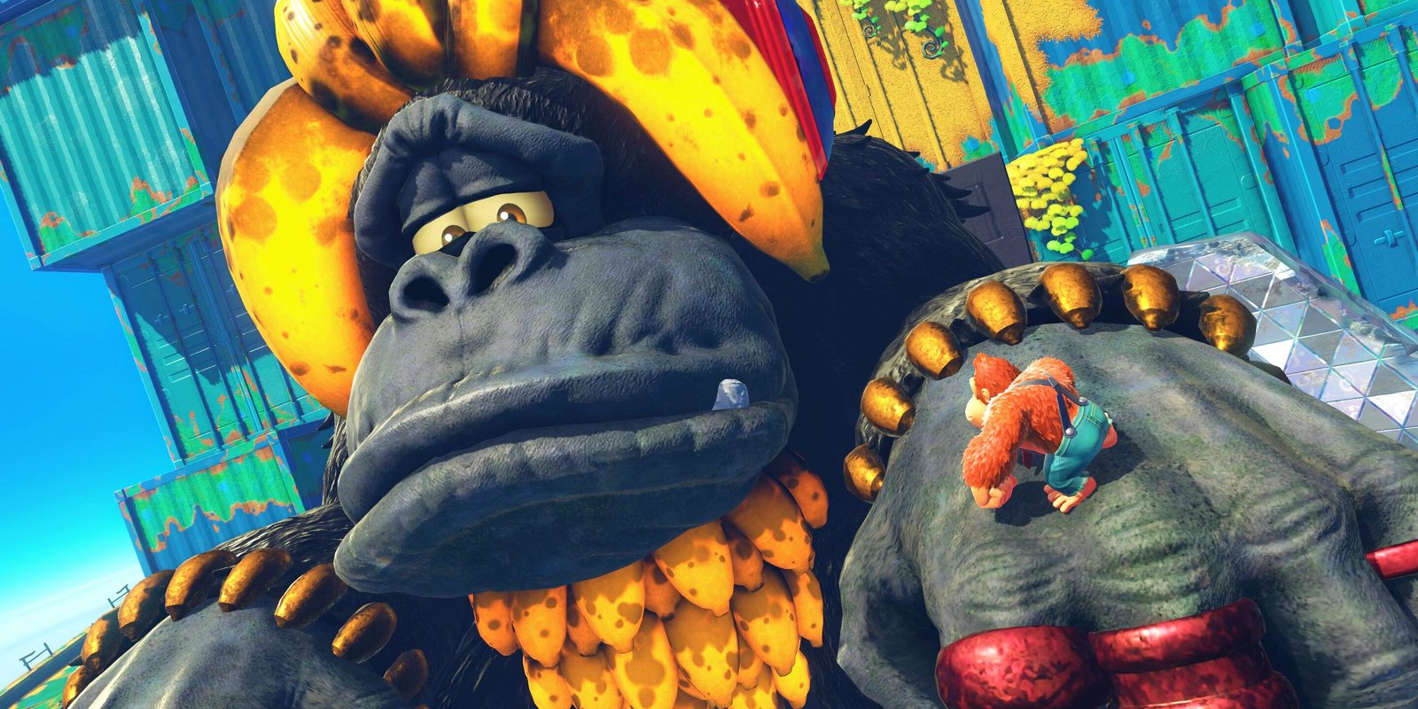 Donkey Kong standing on the hand of a giant ape in Donkey Kong Bananza.