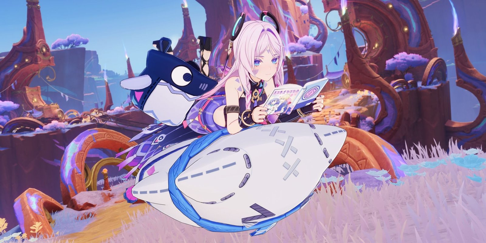 Genshin Impact's Citlali floats on a pillow and reads a novel with Itzpapa.