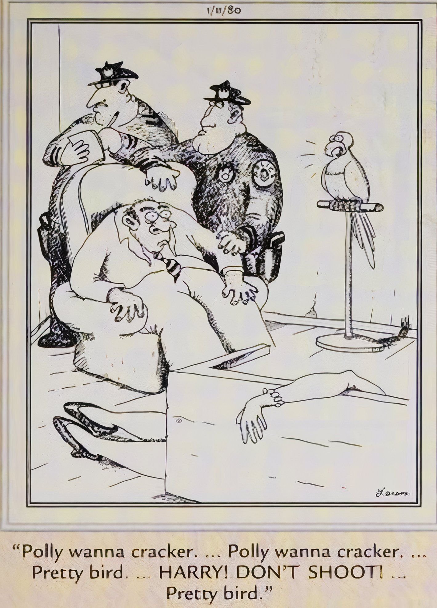 Far Side, January 11, 1980, a man who murdered his wife is snitched on by his pet bird