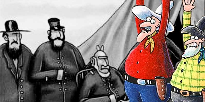 10 Far Side Comics That You Definitely Shouldn’t Take Relationship Advice From 7 Far Side, cowboys with hands in the air (foreground) Union soldier giving general