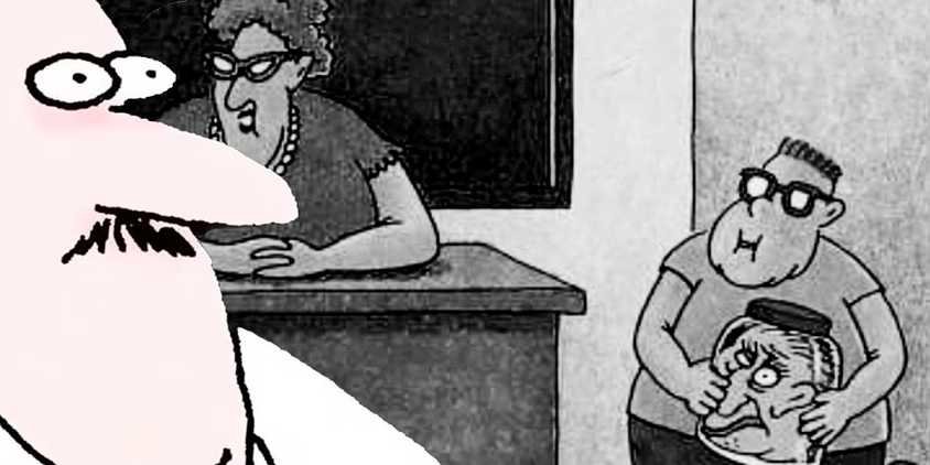 Far Side, skeptical man (left, foreground); a kid brings a head in a jar to class (background.)