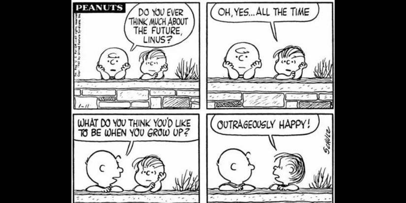 Linus and Charlie Brown leaning against a wall and talking-1