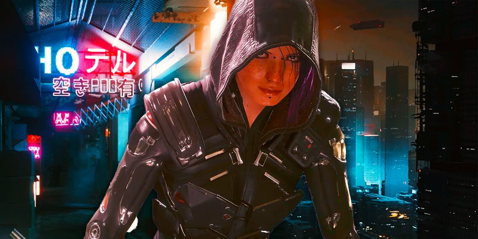 Cyberpunk 2077's V looking evil with Night City and an alleyway behind them.