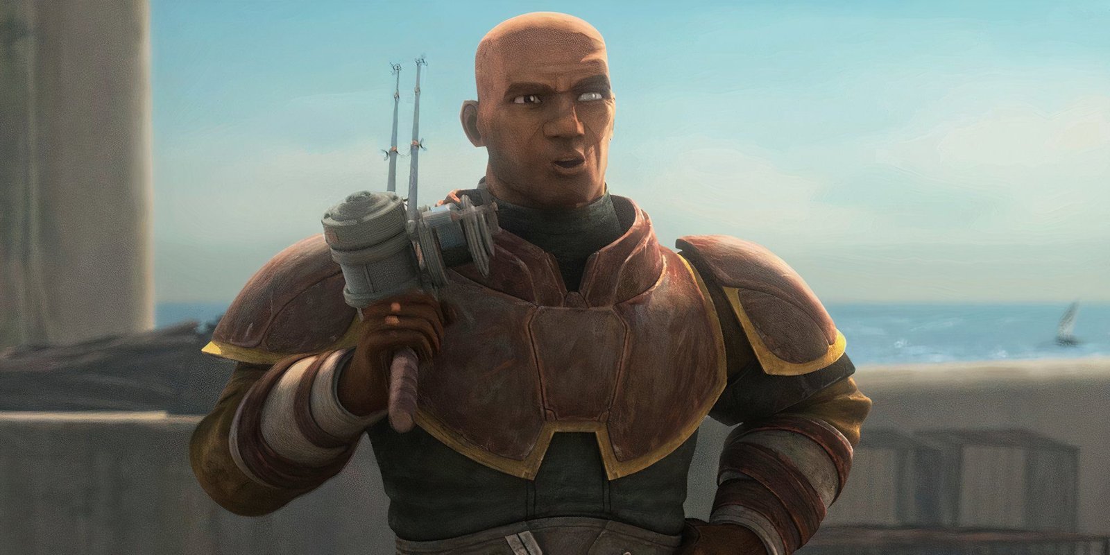 Wrecker holds a fishing pole against his shoulder on Pabu.