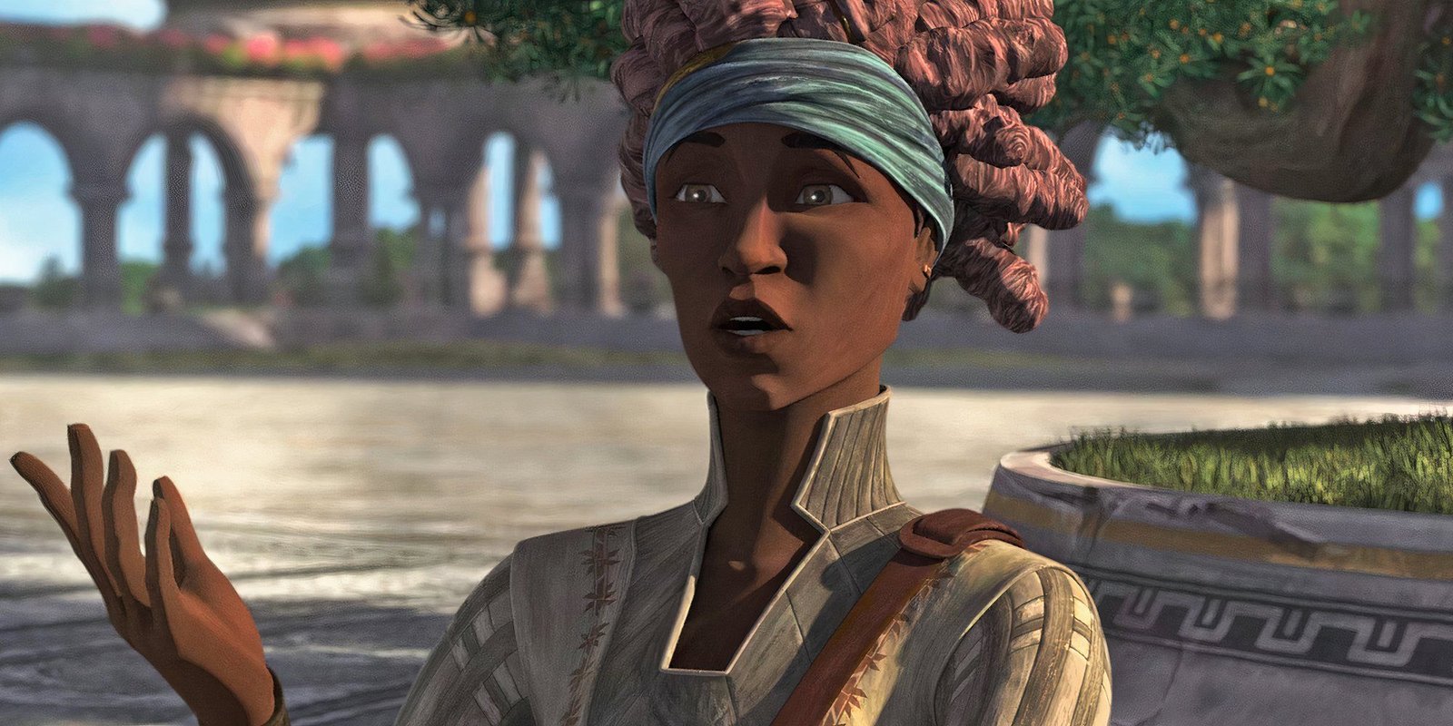 Phee Genoa speaks to Clone Force 99 (offscreen) on Pabu in front of the archium.