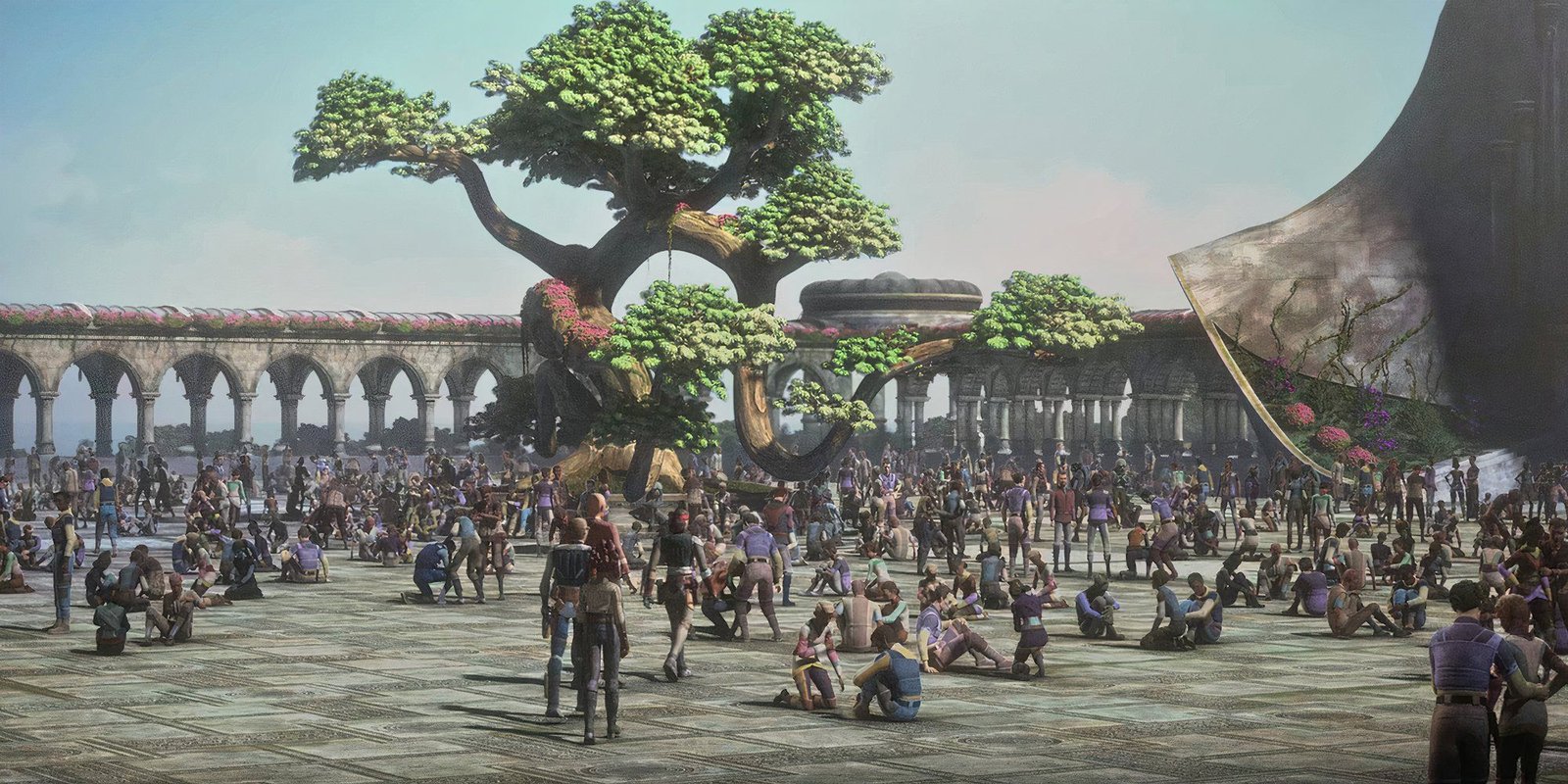 Hunter, Shep Hazard, Tech, and Phee Genoa walk among the gathered citizens of Lower Pabu near the Archium.