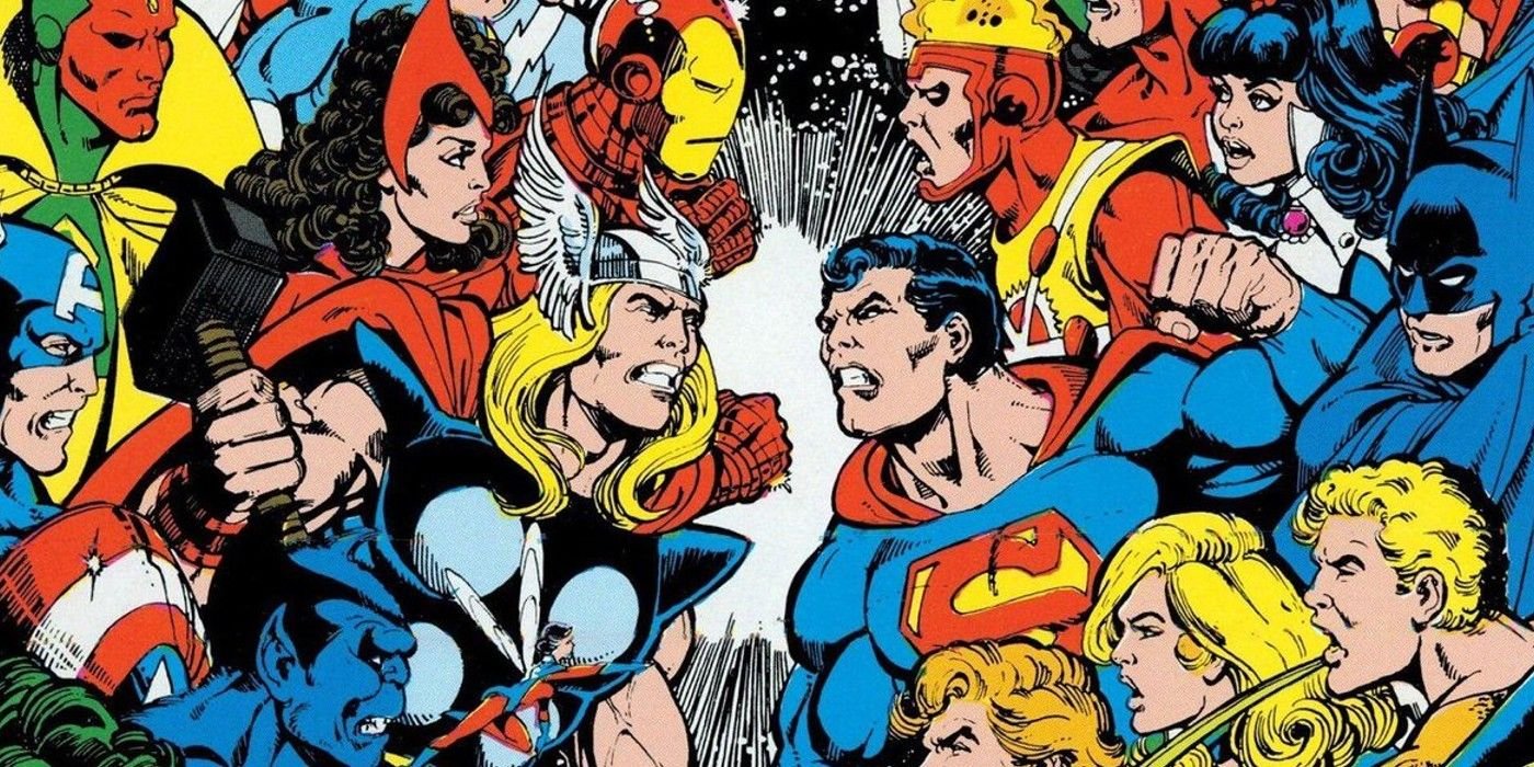 Comic book art: the Avengers face off with the Justice League.