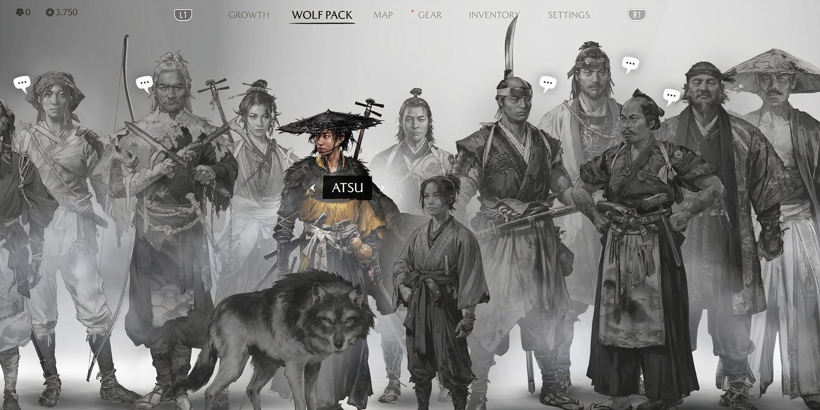 The Ghost of Yotei Wolfpack screen showcasing art of each character.