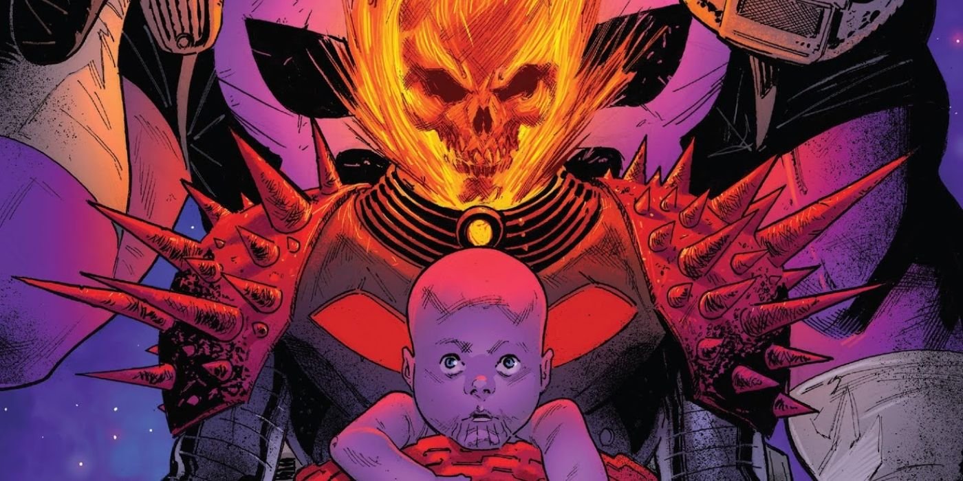 Cosmic Ghost Rider wearing baby Thanos on his chest.