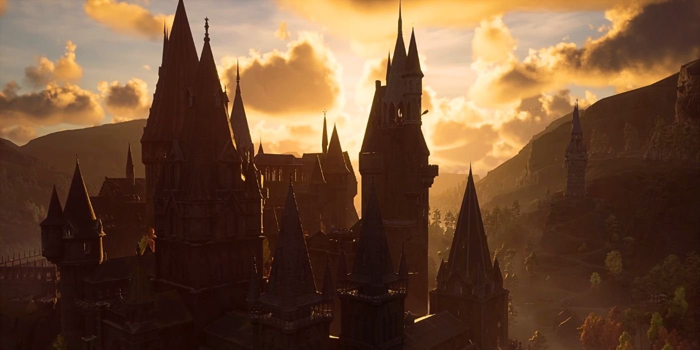 Sunset sky over Hogwarts castle in Hogwarts Legacy