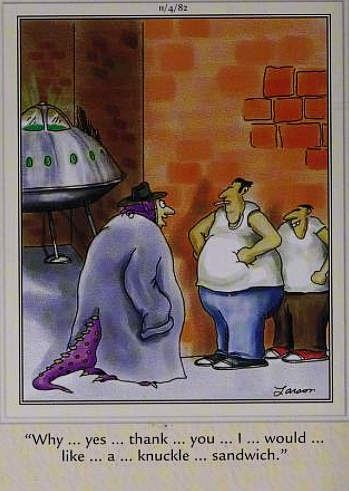 Far Side, alien in human disguise gets into trouble