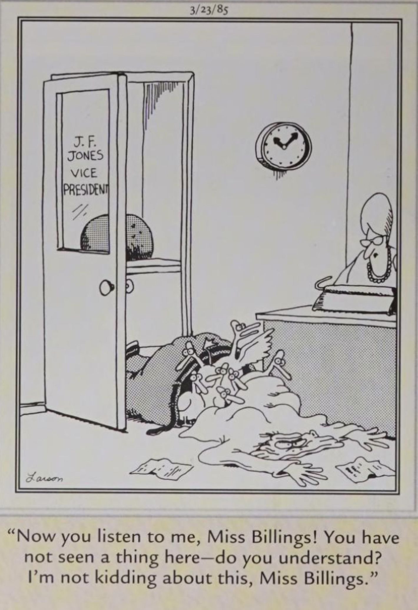 Far Sid, March 23, 1986, the vice president of a company is a bunch of ducks
