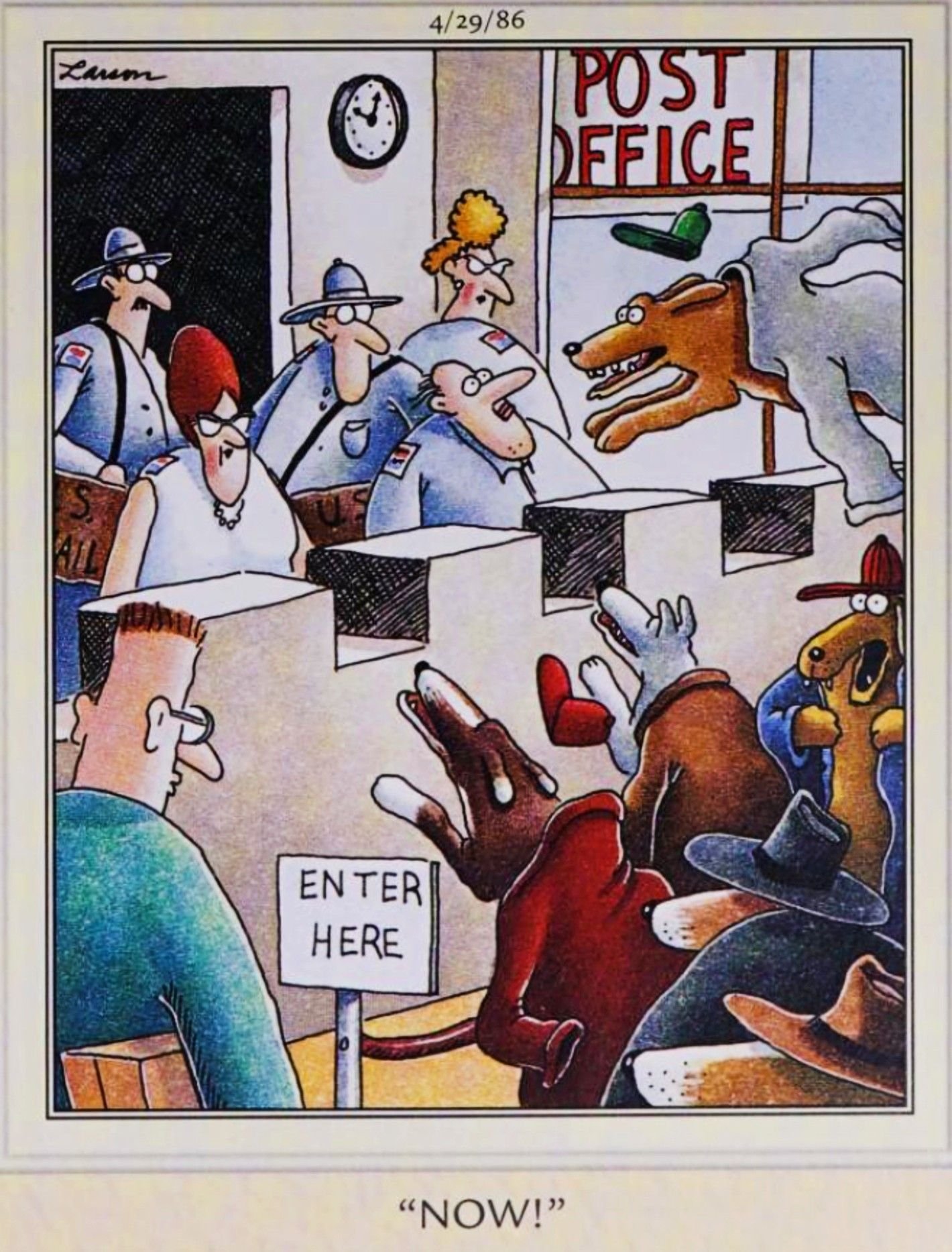 Far Side, April 29, 1986, dogs in disguise infiltrate a post office