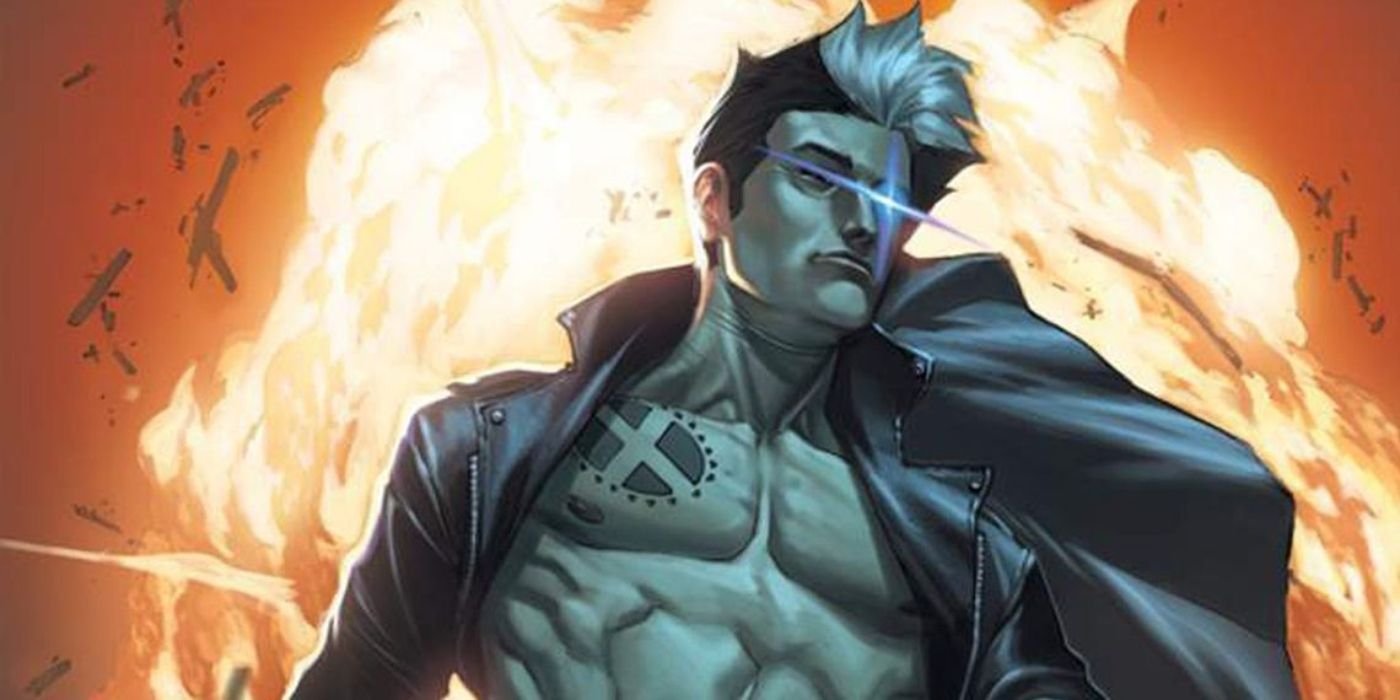 Nate Grey, aka X-Man, stands in front of an explosion. New Mutants (2009) variant cover by Jorge Molina