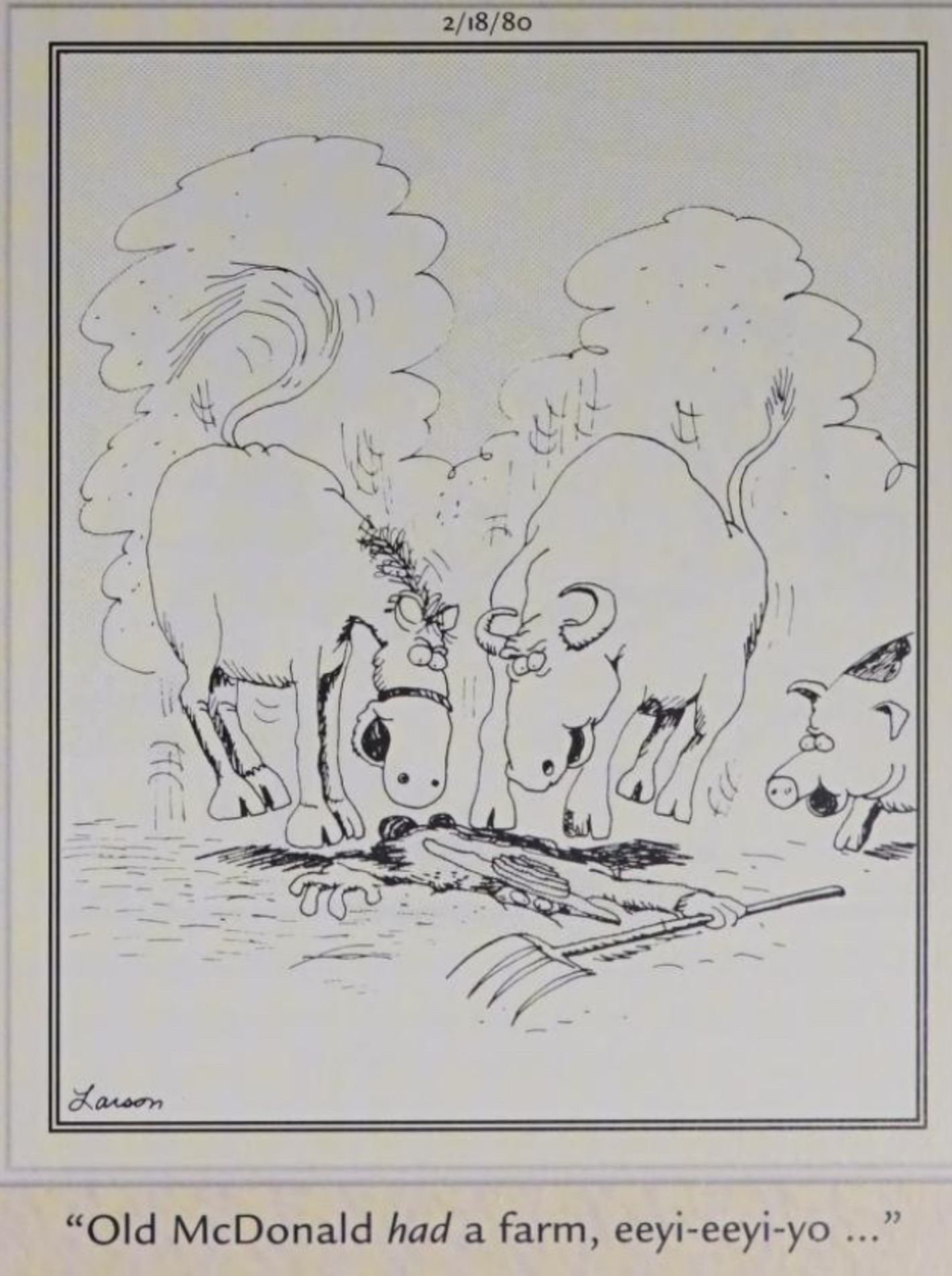 Far Side February 18, 1980, farm animals trample old mcdonald to death