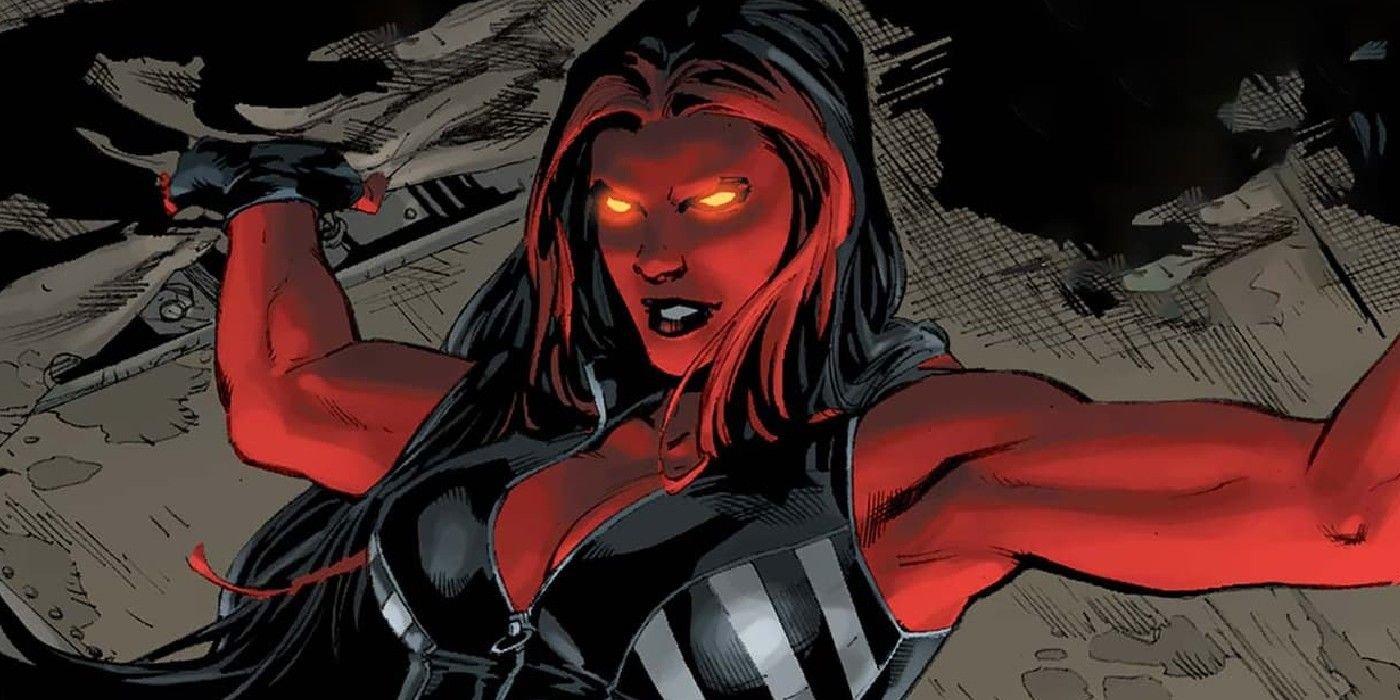 Betty Ross a.k.a. Red She-Hulk holds up a tank