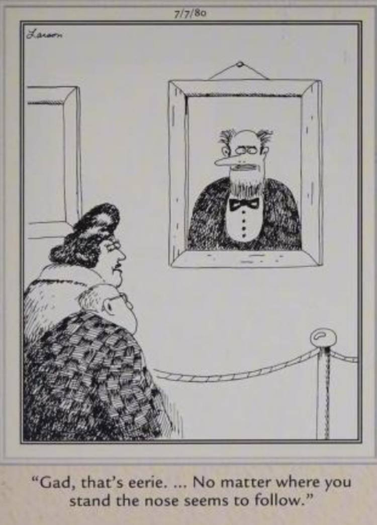 Far Side, July 7, 1980, a painting's nose follows people who look at it