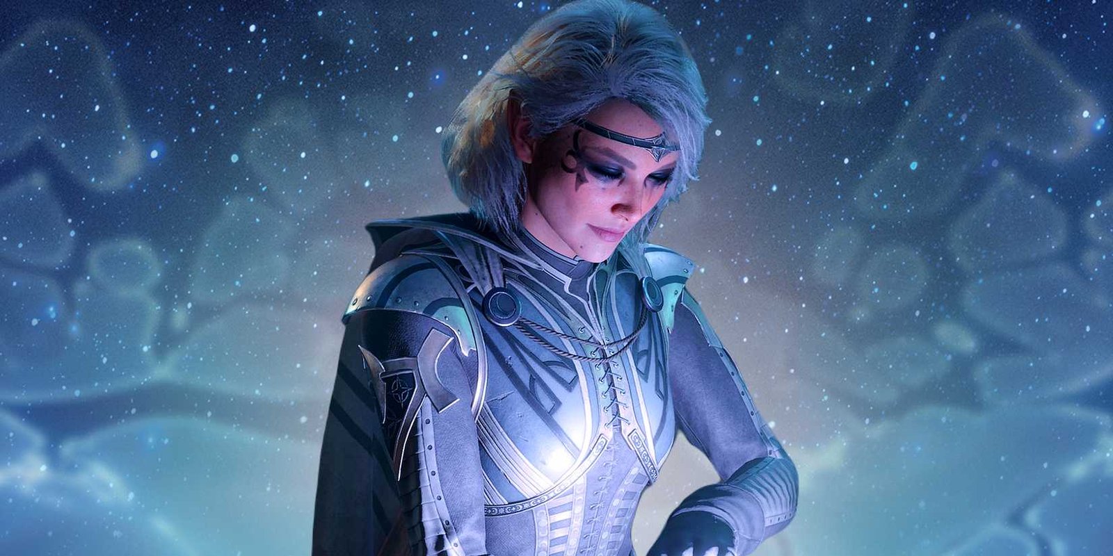Isobel casts a light spell in Baldur's Gate 3, superimposed over a night sky.