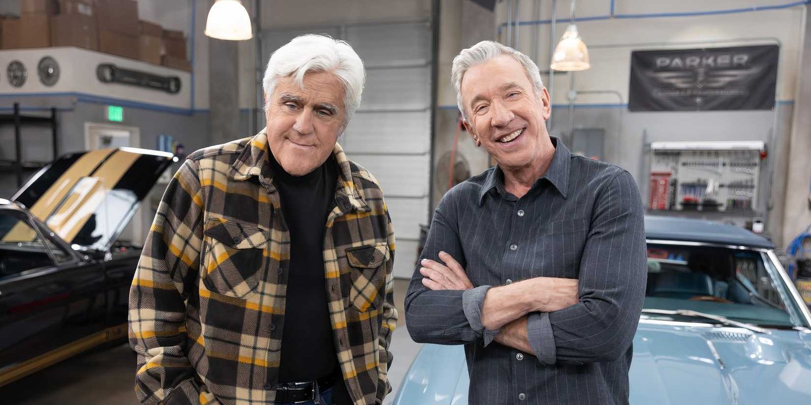 Jay Leno as himself and Tim Allen as Matt Parker behind the scenes of Shifting Gears