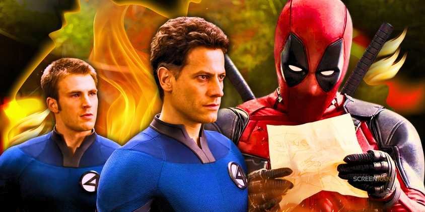 Chris Evans and Ioan Gruffudd as Johnny Storm and Reed Richards from 2005's Fantastic Four and Ryan Reynolds as Deadpool with flame effects