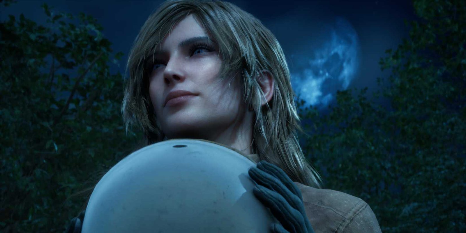 Eva removes her motorcycle helmet under a full moon in MGS Delta.