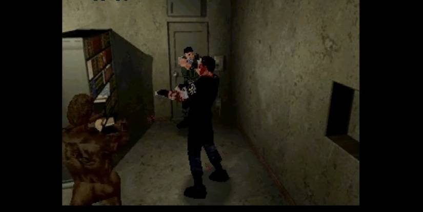 Fighting zombie Wesker in Resident Evil 1 for the Saturn.