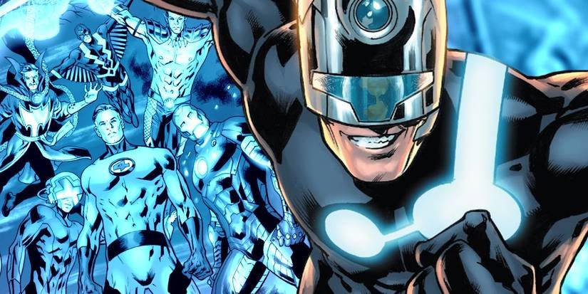 Marvel Comics custom image with the Illuminati in blue looking into a portal as the maker escapes and grins.