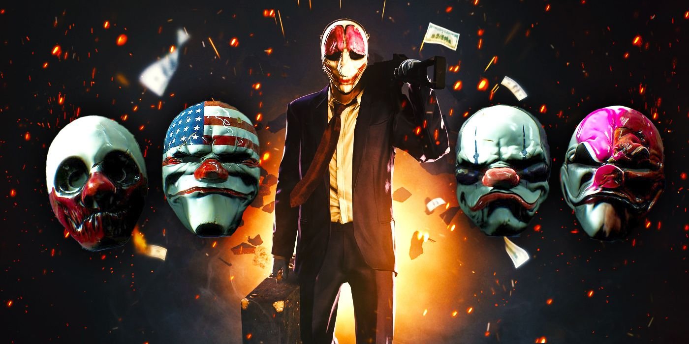 10 Multiplayer Games With Surprisingly Great Single-Player Campaigns 3 One person standing in the center, dressed in a suit, wearing a mask, and holding a briefcase in one hand and a rifle over the other shoulder. Four other, similar masks surround them, two on each side. The background has an explosion with flying debris.