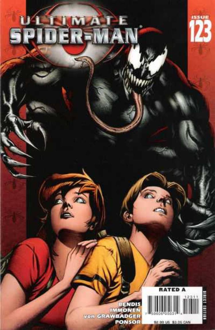 Ultimate Spider-Man #123, Venom looming over unsuspecting characters