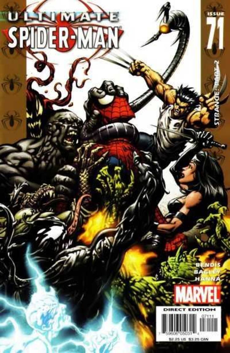 Ultimate Spider-Man #71 cover, Spidey being consumed by a crowd of heroes and villains