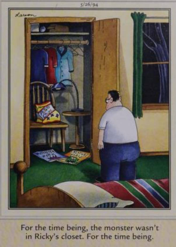 Far Side, May 26, 1994, a boy finds evidence of a monster hiding in his closet