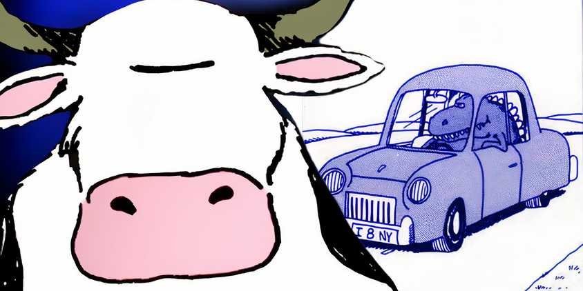 10 Far Side Forgotten Gems From the Final Year Of Gary Larson's Career 4 A cow with Godzilla driving a car behind her in The Far Side.