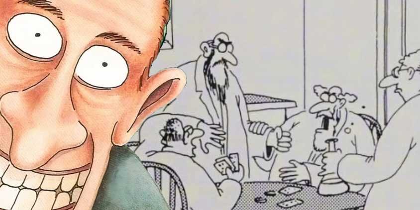 10 Far Side Forgotten Gems From the Final Year Of Gary Larson's Career 13 Far Side grinning man (left, foreground) in front of a confrontation between scientists (right, background.)