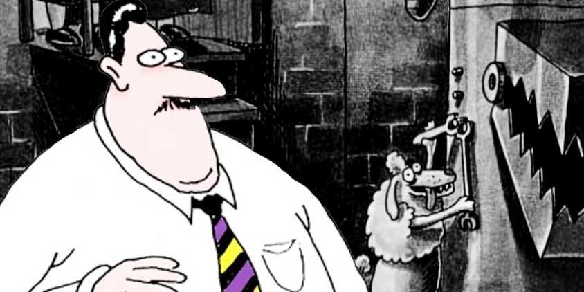 10 Far Side Comics That You Definitely Shouldn’t Take Relationship Advice From 10 Far Side man looking surprised (foreground) as a poodle builds a murder robot (background)
