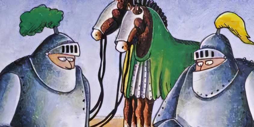 10 Far Side Comics That You Definitely Shouldn’t Take Relationship Advice From 16 Two knights with their horses behind them in The Far Side.