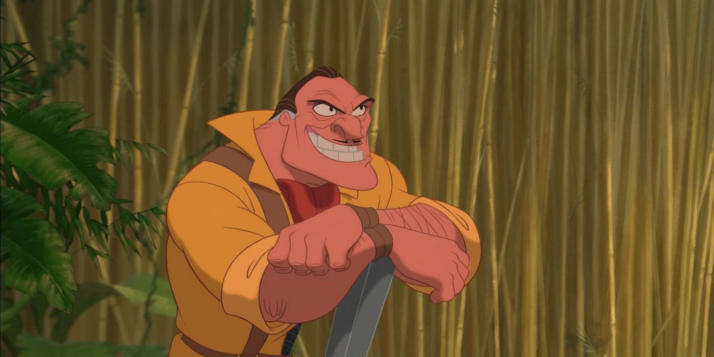 Clayton leaning on his gun barrel and grinning in Tarzan