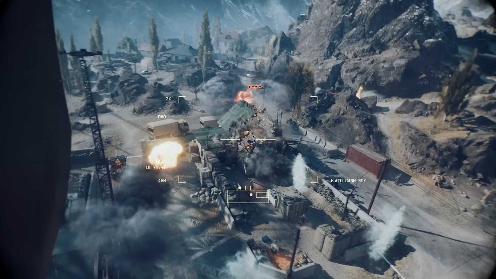 A helicopter gun destroying a building's roof in Battlefield 6.